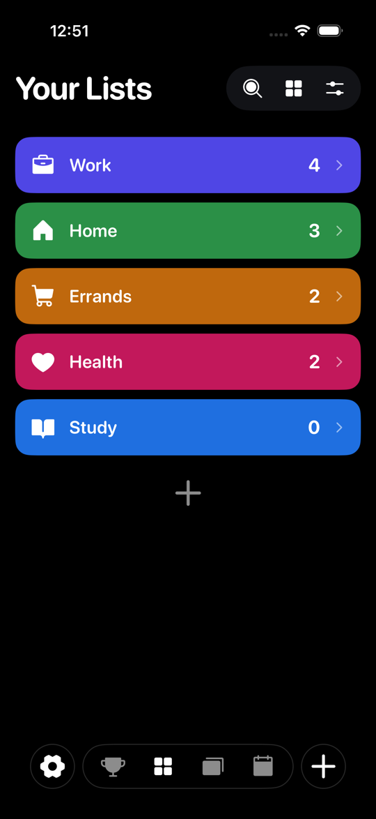 Your Lists in Tavo: Work, Home, Errands, Health and Study, each in its own colour with a count of what is open.
