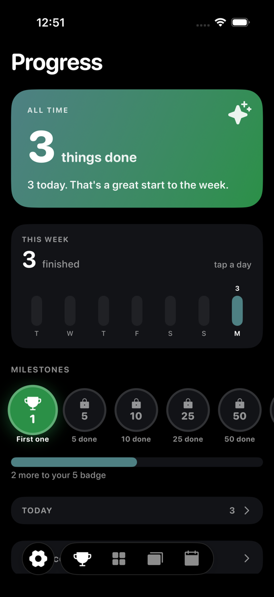 Tavo's Progress page showing streaks and milestones.