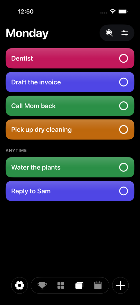 Tavo's Today page showing Monday's tasks as coloured cards, with an Anytime section underneath.
