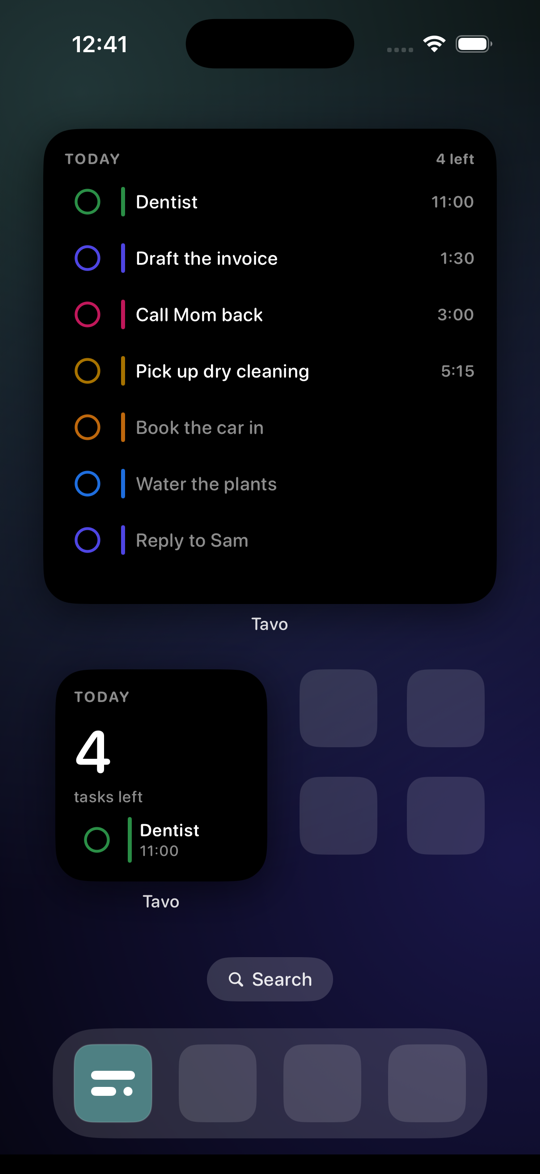 An iPhone home screen with Tavo's large and small widgets: today's tasks listed out, and a count of what's left.